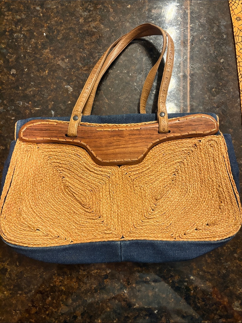 Woven Straw Front Tote Bag with Blue Denim Sides - Tan/Blue